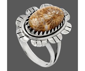 Flower Fossil Coral Ring size-8.5 SDR239656 R-1341, 10x16 mm
