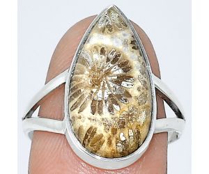 Flower Fossil Coral Ring size-9 SDR240228 R-1002, 10x19 mm