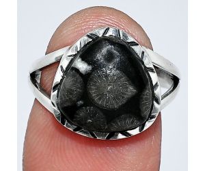 Black Flower Fossil Coral Ring size-7 SDR242440 R-1074, 12x12 mm