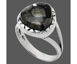 Black Flower Fossil Coral Ring size-7 SDR242440 R-1074, 12x12 mm