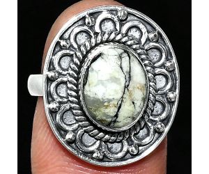 Authentic White Buffalo Turquoise Nevada Ring size-7.5 SDR243149 R-1256, 8x10 mm