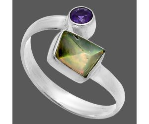 Ethiopian Opal Rough and Amethyst Ring size-7.5 SDR244546 R-1205, 5x10 mm