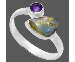 Ethiopian Opal Rough and Amethyst Ring size-7.5 SDR244549 R-1205, 6x9 mm