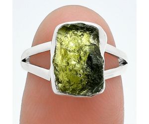 Genuine Czech Moldavite Rough Ring size-6 SDR245230 R-1002, 8x12 mm