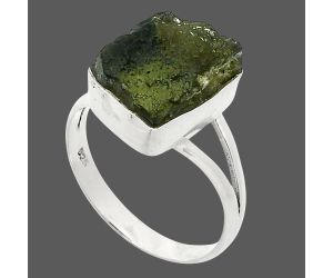 Genuine Czech Moldavite Rough Ring size-8.5 SDR245247 R-1002, 11x13 mm