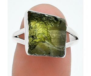 Genuine Czech Moldavite Rough Ring size-8 SDR245264 R-1002, 11x12 mm