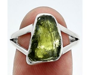 Genuine Czech Moldavite Rough Ring size-8.5 SDR245312 R-1002, 9x13 mm