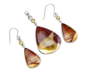 Red Mookaite and Citrine Pendant Earrings Set SDT03480 T-1010, 25x32 mm