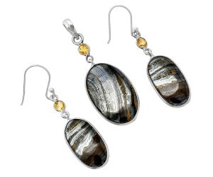 Iron Tiger Eye and Citrine Pendant Earrings Set SDT03485 T-1010, 16x26 mm