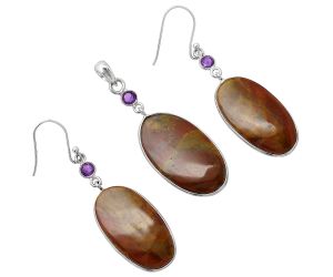 Red Moss Agate and Amethyst Pendant Earrings Set SDT03498 T-1010, 17x29 mm