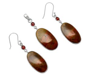Red Moss Agate and Garnet Pendant Earrings Set SDT03508 T-1010, 15x27 mm