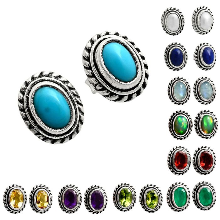 Natural Gemstones Oval Shape 925 Sterling Silver Earrings Jewelry E-1245 AGE1016, 6x4 mm