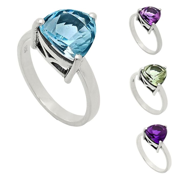 Natural Gemstones Trillion Shape 925 Sterling Silver Ring s.6-10 R-1019 AGR1002, 10x10 mm