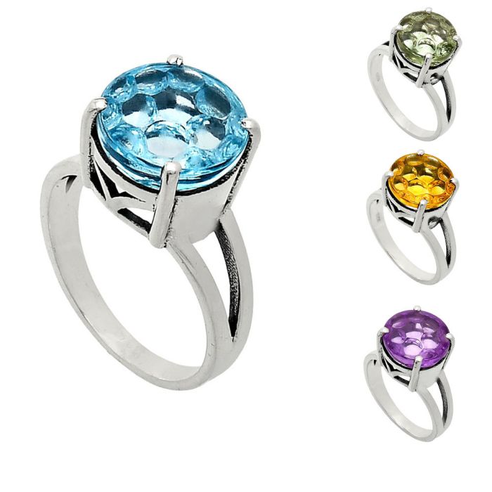 Natural Gemstones Round Shape 925 Sterling Silver Ring s.6-10 R-1019 AGR1003, 14x14 mm