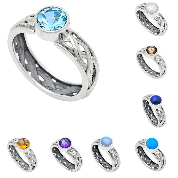 Natural Gemstones Round Shape 925 Sterling Silver Ring s.6-10 R-1161 AGR1009, 7x7 mm