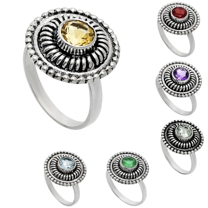 Natural Gemstones Round Shape 925 Sterling Silver Ring s.6-10 R-1388 AGR1017, 6x6 mm