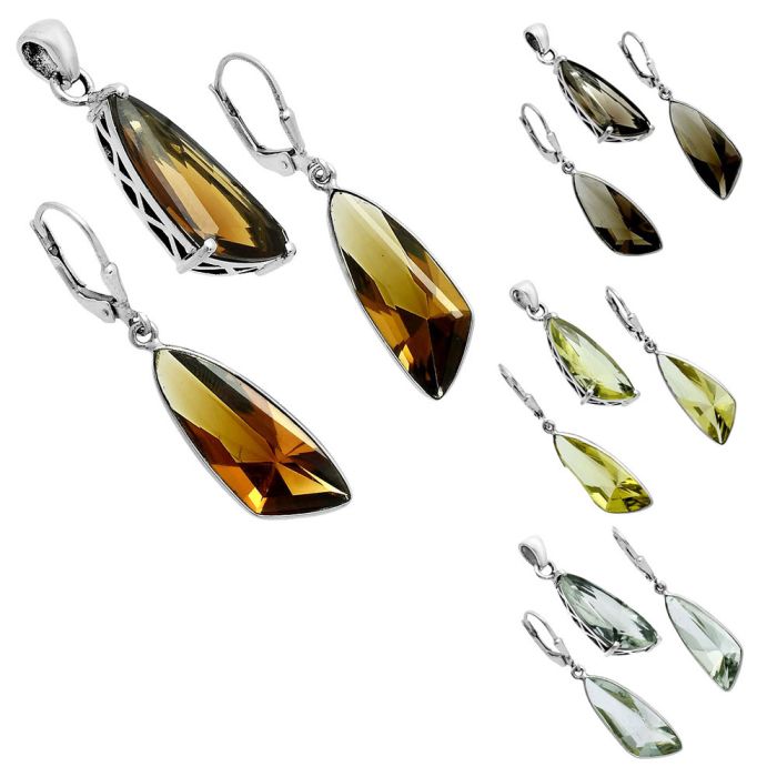 Natural Gemstones Fancy Shape 925 Silver Pendant Earrings Set T-1017 AGT1007, 9x24 mm