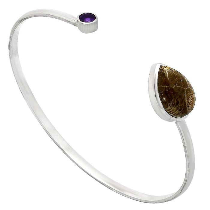 Flower Fossil Coral and Amethyst Cuff Bangle Bracelet EXB01007 B-1004, 11x16 mm