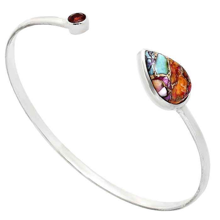 Kingman Orange Dahlia Turquoise and Garnet Cuff Bangle Bracelet EXB01020 B-1004, 10x15 mm