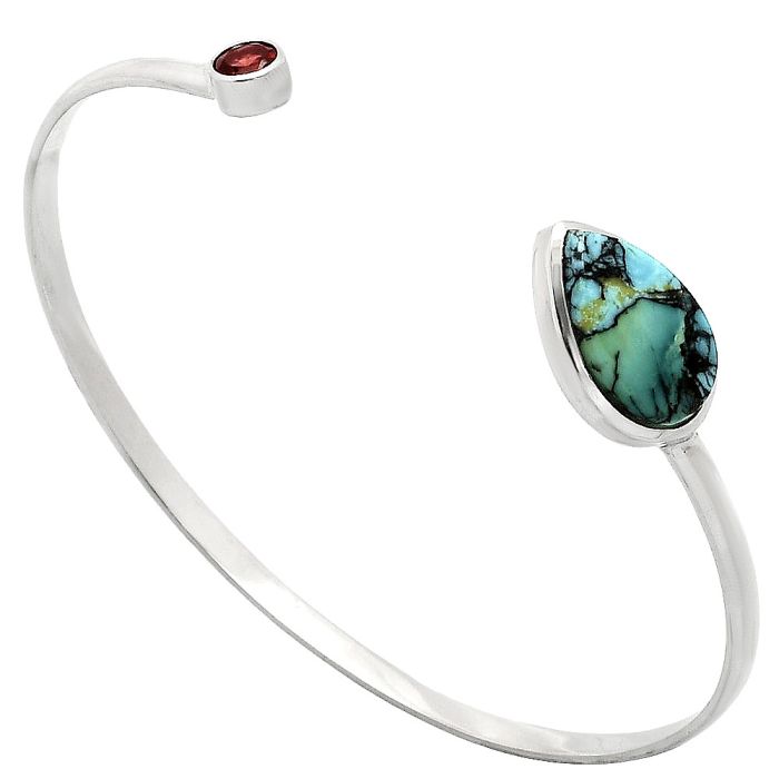 Lucky Charm Tibetan Turquoise and Garnet Cuff Bangle Bracelet EXB01025 B-1004, 10x15 mm