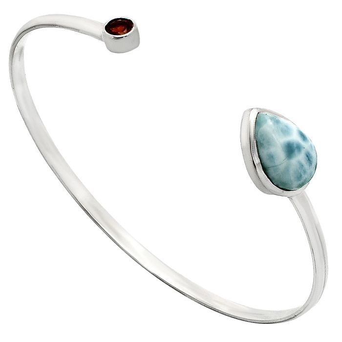 Larimar (Dominican Republic) and Garnet Cuff Bangle Bracelet EXB01027 B-1004, 10x14 mm