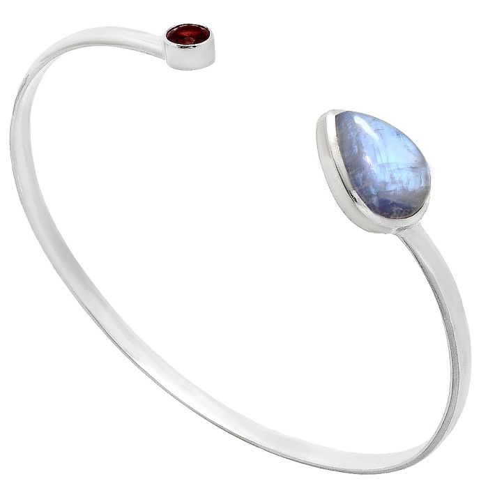 Rainbow Moonstone and Garnet Cuff Bangle Bracelet EXB01029 B-1004, 10x14 mm