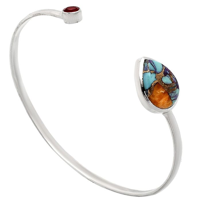 Kingman Orange Dahlia Turquoise and Garnet Cuff Bangle Bracelet EXB01033 B-1004, 12x15 mm