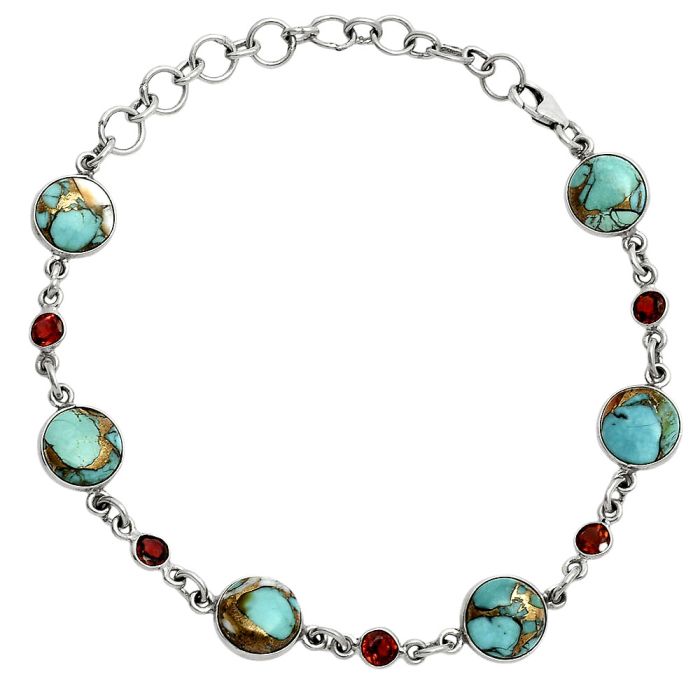 Spiny Oyster Turquoise and Garnet Bracelet EXB01313 B-1006, 9x9 mm