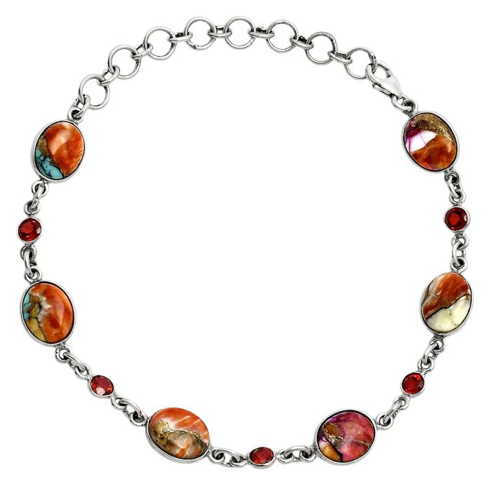 Kingman Orange Dahlia Turquoise and Garnet Bracelet EXB01330 B-1006, 8x10 mm