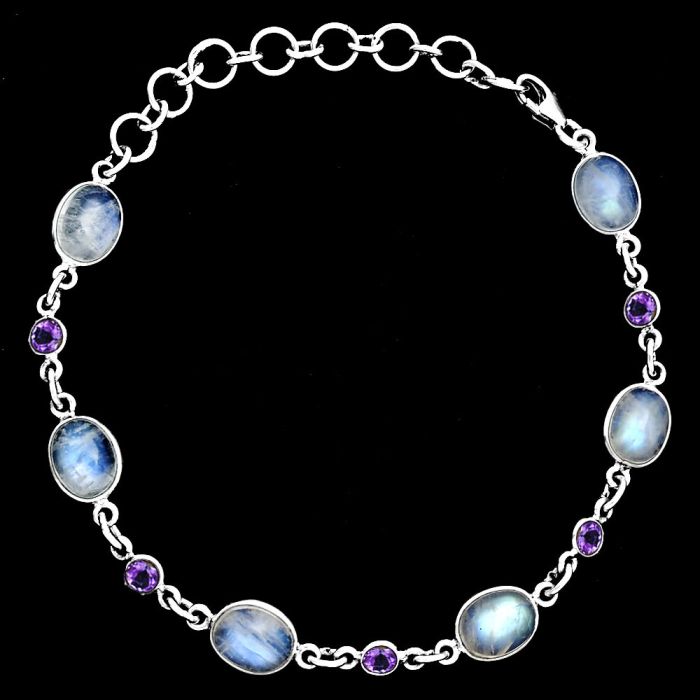 Rainbow Moonstone and Amethyst Bracelet EXB01350 B-1006, 7x9 mm