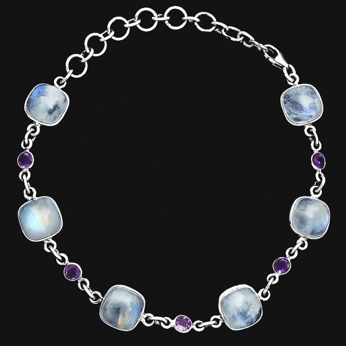 Rainbow Moonstone and Amethyst Bracelet EXB01356 B-1006, 9x9 mm