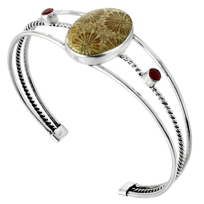 Flower Fossil Coral and Garnet Cuff Bangle Bracelet EXB01520 B-1011, 16x22 mm