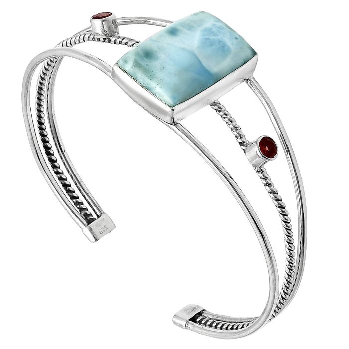 Larimar (Dominican Republic) and Garnet Cuff Bangle Bracelet EXB01521 B-1011, 15x22 mm