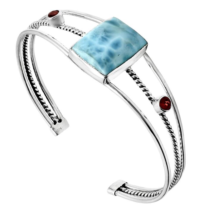 Larimar (Dominican Republic) and Garnet Cuff Bangle Bracelet EXB01522 B-1011, 15x19 mm