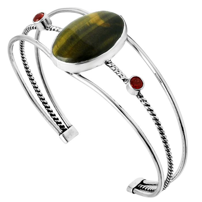 Blue Tiger Eye and Garnet Cuff Bangle Bracelet EXB01523 B-1011, 16x24 mm