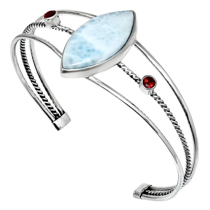 Larimar (Dominican Republic) and Garnet Cuff Bangle Bracelet EXB01528 B-1011, 15x29 mm