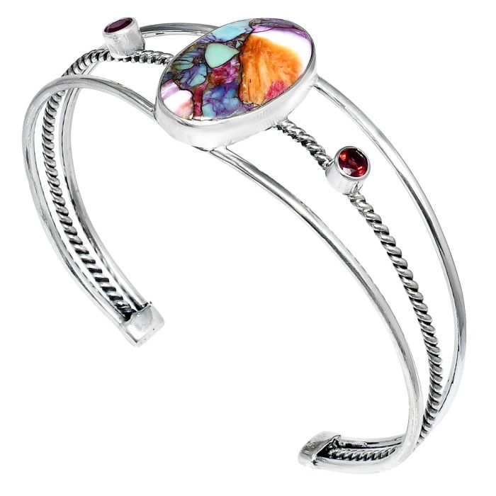 Kingman Orange Dahlia Turquoise and Garnet Cuff Bangle Bracelet EXB01533 B-1011, 15x23 mm