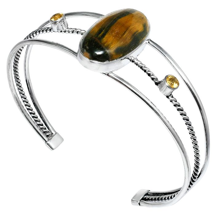 Blue Tiger Eye and Citrine Cuff Bangle Bracelet EXB01535 B-1011, 15x26 mm