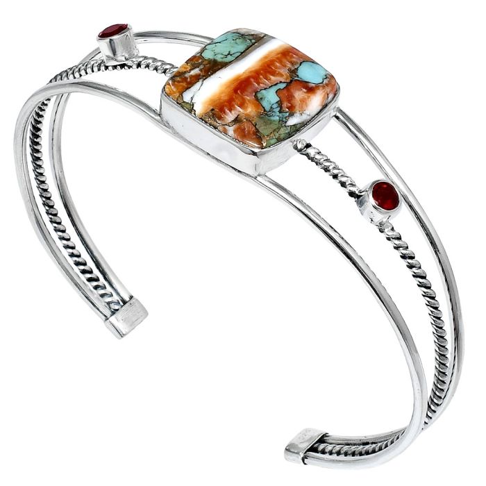 Spiny Oyster Turquoise and Garnet Cuff Bangle Bracelet EXB01544 B-1011, 18x18 mm