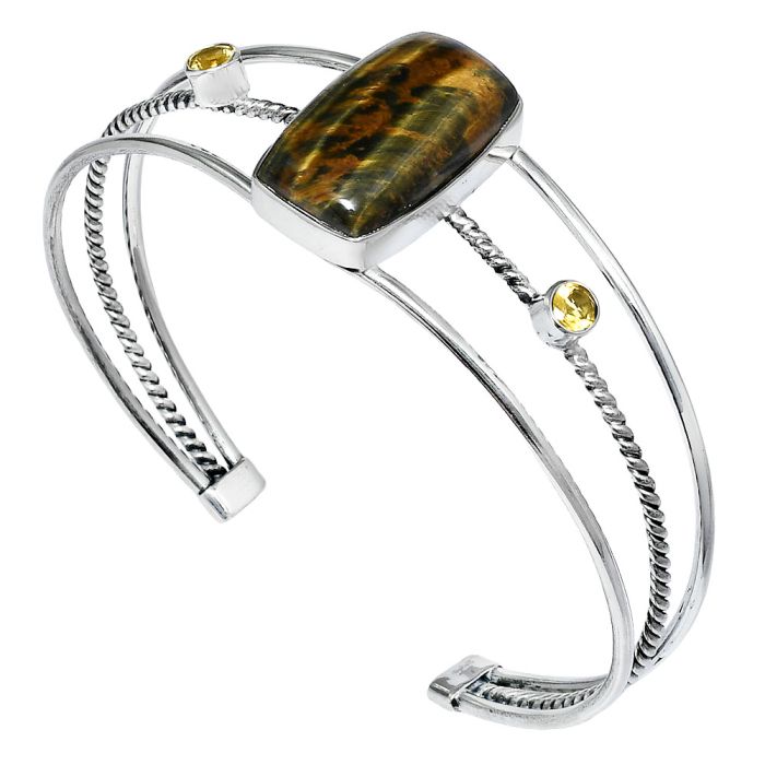 Blue Tiger Eye and Citrine Cuff Bangle Bracelet EXB01546 B-1011, 13x22 mm