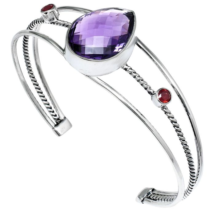 Amethyst Checker Briolette and Garnet Cuff Bangle Bracelet EXB01548 B-1011, 16x21 mm