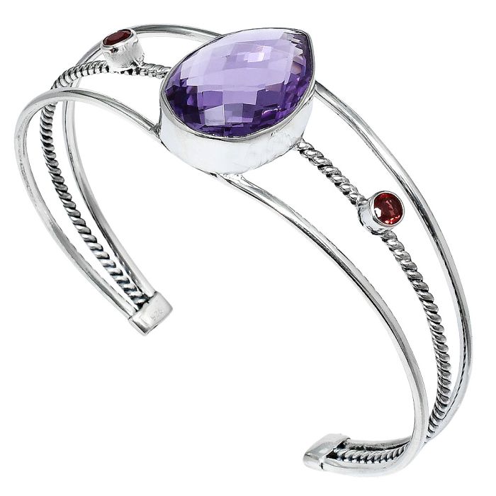 Amethyst Checker Briolette and Garnet Cuff Bangle Bracelet EXB01549 B-1011, 16x21 mm