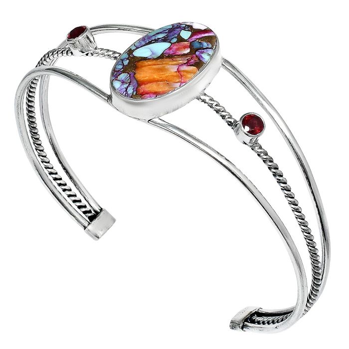 Kingman Orange Dahlia Turquoise and Garnet Cuff Bangle Bracelet EXB01554 B-1011, 15x22 mm