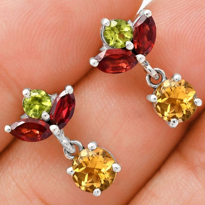 Citrine, Peridot & Garnet Earrings EXE01378 E-1060, 6x6 mm