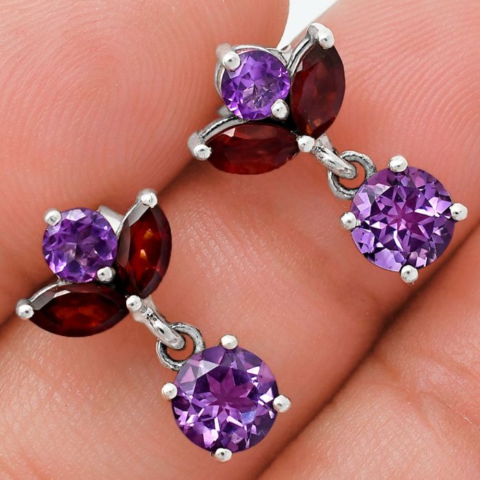 African Amethyst and Garnet Earrings EXE01386 E-1060, 6x6 mm