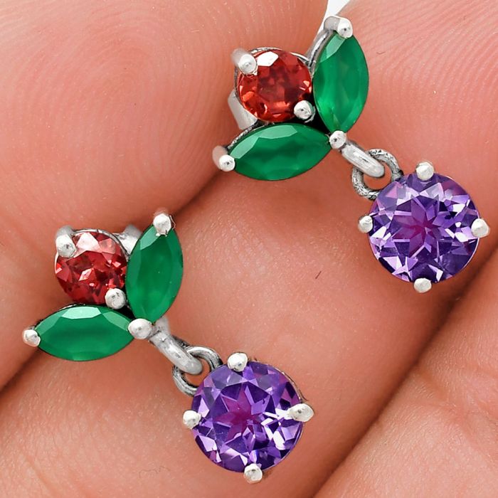 Amethyst, Green Onyx & Garnet Earrings EXE01400 E-1060, 6x6 mm