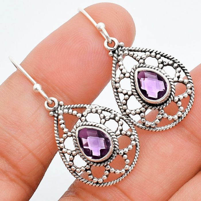 Amethyst Checker Briolette Earrings EXE01855 E-1251, 6x8 mm