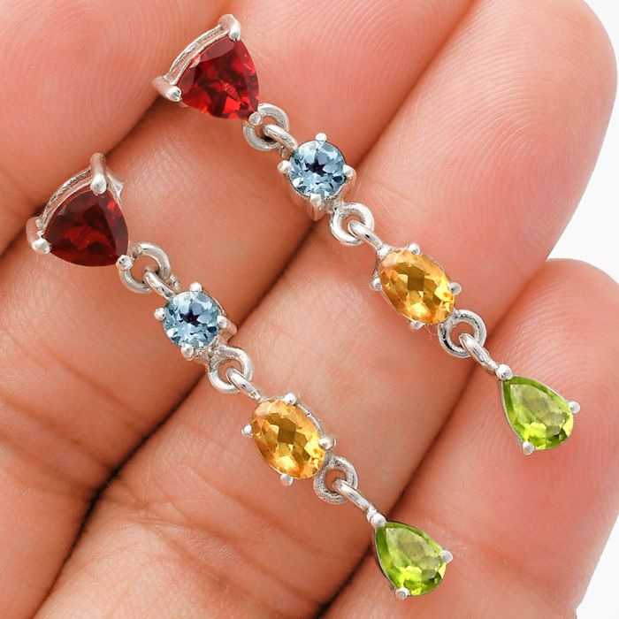 Hessonite Garnet, Sky Blue Topaz, Citrine & Peridot Earrings EXE02096 E-1061, 6x6 mm