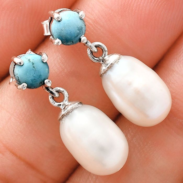 Natural Fresh Water Pearl and Turquoise Earrings EXE02413 E-1062, 8x12 mm