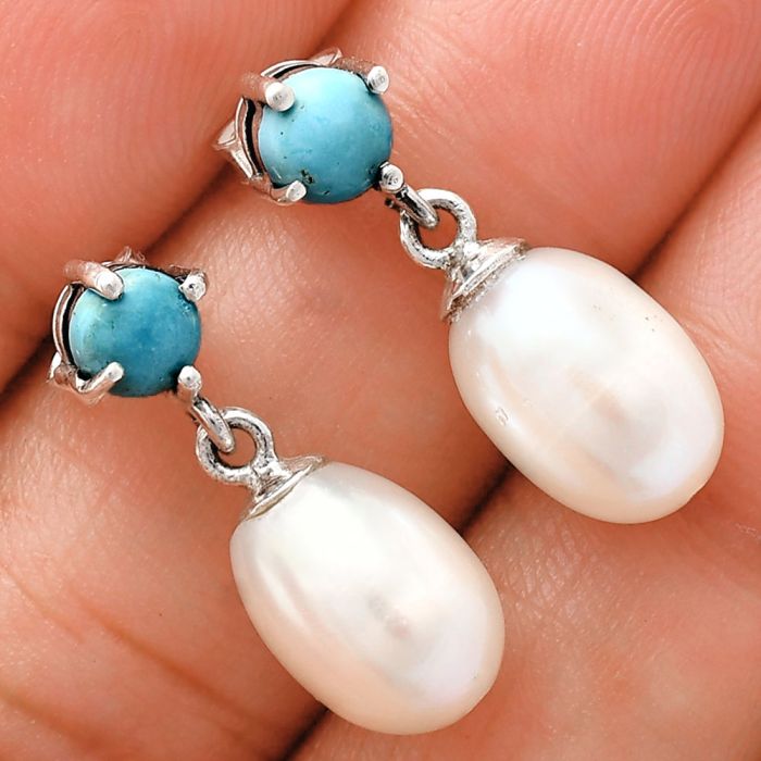 Natural Fresh Water Pearl and Turquoise Earrings EXE02414 E-1062, 8x11 mm